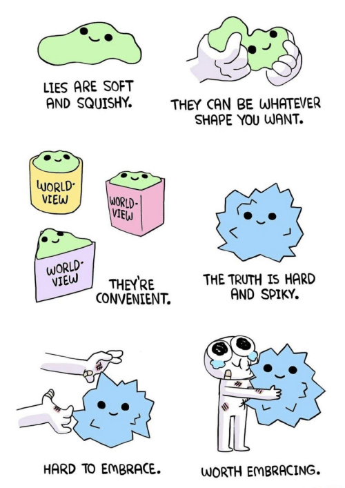A comic about lies and truth. It says, “Lies are soft and squishy. They can be whatever shape you want. They’re convenient. The truth is hard and spiky. Hard to embrace. Worth embracing.”