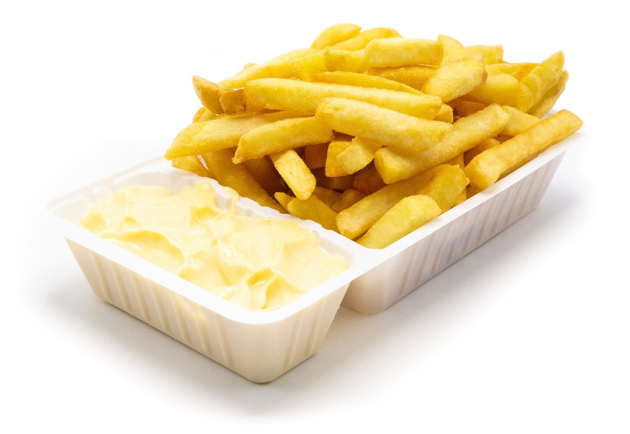 A photo of a container with fries and mayonnaise.